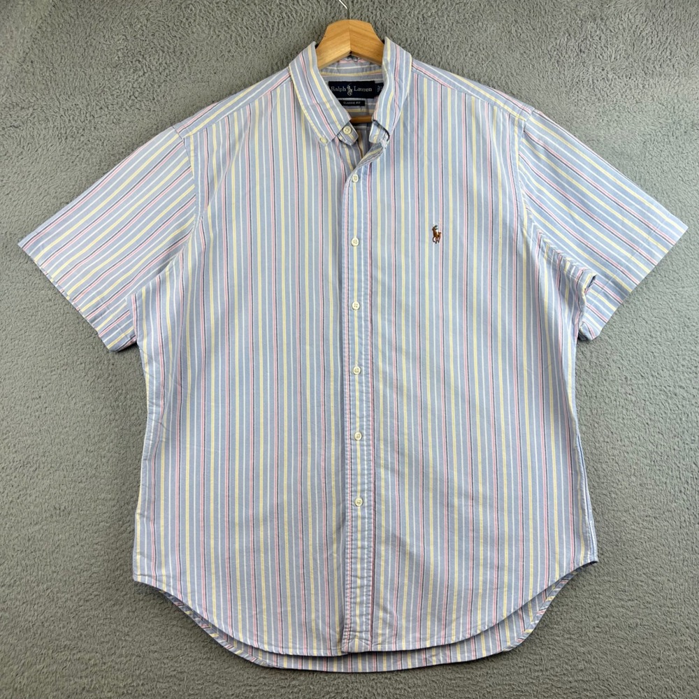 Ralph Lauren Mens Large Classic Fit Striped Short Sleeve Button Down Shirt Blue